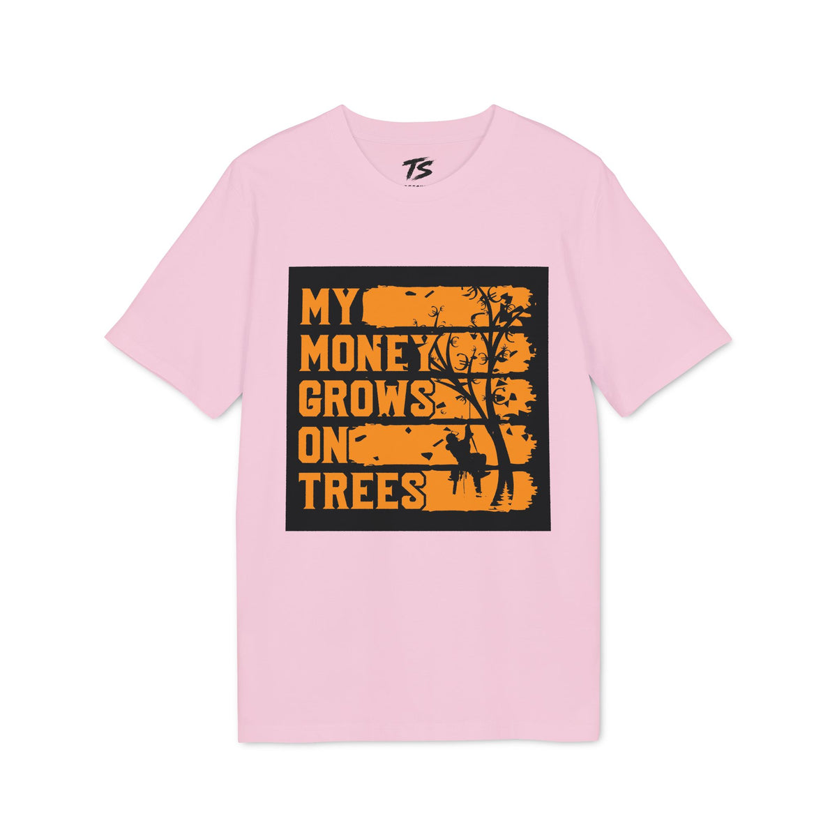 A light pink short-sleeve t-shirt with a black rectangular graphic on the chest featuring the text 'MY MONEY GROWS ON TREES' in orange lettering with a tree silhouette.