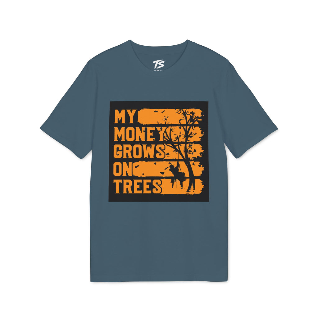 A slate blue crewneck t-shirt with a distressed orange graphic on the front that reads 'MY MONEY GROWS ON TREES' alongside a tree silhouette and deer, displayed on a clean white background.
