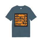 A slate blue crewneck t-shirt with a distressed orange graphic on the front that reads 'MY MONEY GROWS ON TREES' alongside a tree silhouette and deer, displayed on a clean white background.