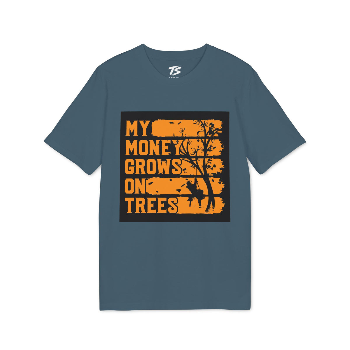 A slate blue crewneck t-shirt with a distressed orange graphic on the front that reads 'MY MONEY GROWS ON TREES' alongside a tree silhouette and deer, displayed on a clean white background.