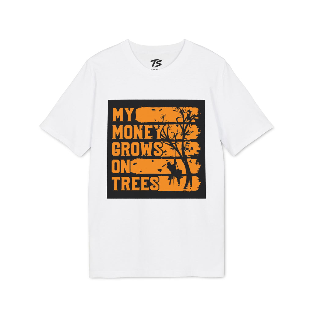 A white short-sleeve crewneck t-shirt featuring a large rectangular graphic on the front. The graphic has a black background with distressed orange text reading 'MY MONEY GROWS ON TREES' and a black silhouette of a tree and deer.