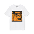 A white short-sleeve crewneck t-shirt featuring a large rectangular graphic on the front. The graphic has a black background with distressed orange text reading 'MY MONEY GROWS ON TREES' and a black silhouette of a tree and deer.