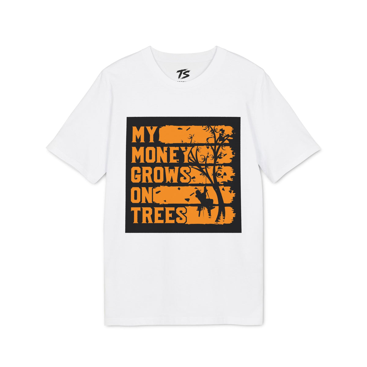A white short-sleeve crewneck t-shirt featuring a large rectangular graphic on the front. The graphic has a black background with distressed orange text reading 'MY MONEY GROWS ON TREES' and a black silhouette of a tree and deer.
