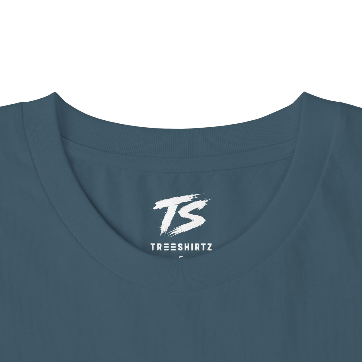 Close-up of a slate blue crewneck t-shirt with a white 'TS' logo and 'TREESHIRTZ' text printed inside the collar, set against a plain white background.