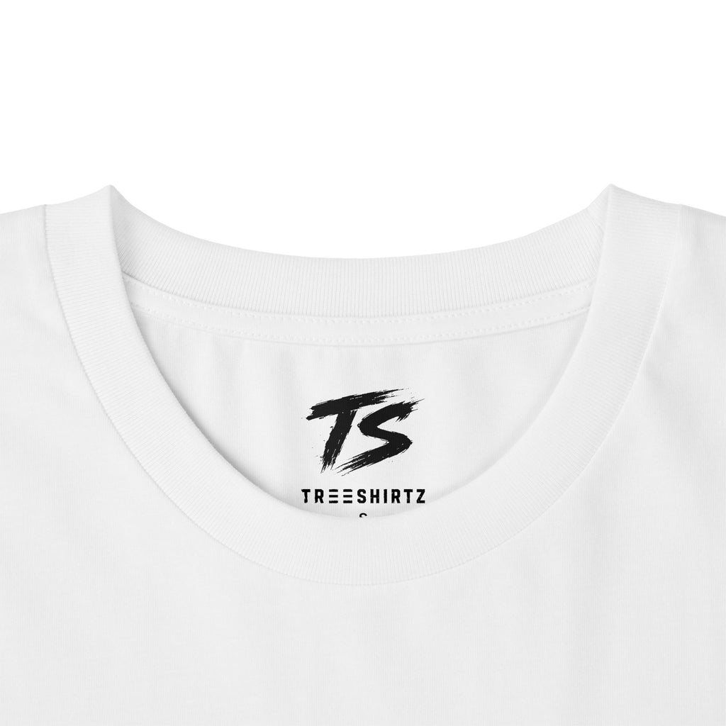 Close-up of a white crewneck t-shirt showing the inner neck label with a black 'TS' logo and 'TREESHIRTZ' text.