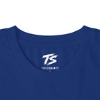 Close-up of a royal blue crewneck t-shirt with a white 'TS' logo and 'TREESHIRTZ' text printed inside the collar, set against a plain white background.