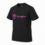 A black short-sleeve crewneck t-shirt with a pink graphic on the chest featuring a tree inside a circle, a pink ribbon, and the text 'Treeworker'.