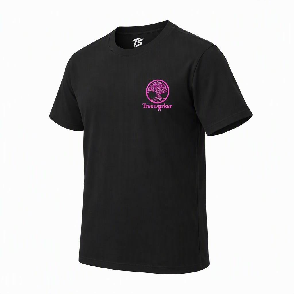 A black short-sleeve crewneck t-shirt with a pink circular tree graphic and the text 'Treeworker' printed on the left chest, shown on a plain white background.