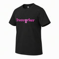 A black short-sleeve crewneck t-shirt featuring the word 'Treeworker' in pink across the chest, with a pink ribbon integrated into the lettering.
