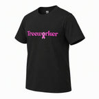 A black short-sleeve crewneck t-shirt featuring the word 'Treeworker' in pink across the chest, with a pink ribbon integrated into the lettering.