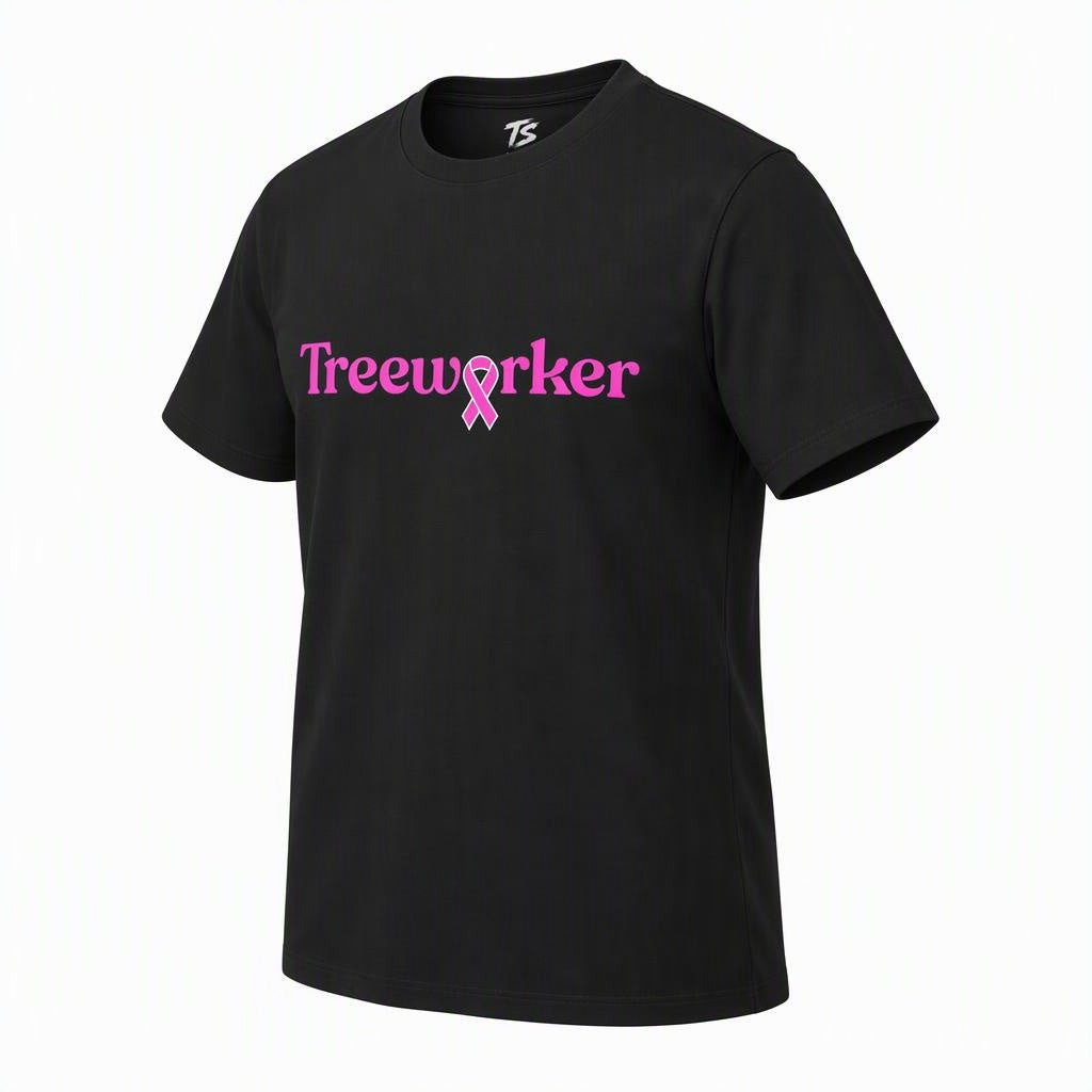 A black short-sleeve crewneck t-shirt featuring the word 'Treeworker' in pink across the chest, with a pink ribbon integrated into the lettering.